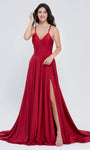 Sexy A-line V-neck Sleeveless Bandeau Neck Flowy Lace-Up Cutout Evening Dress with a Court Train by J Adore Dresses