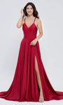 Sexy A-line V-neck Bandeau Neck Back Zipper Flowy Lace-Up Cutout Satin Natural Waistline Sleeveless Evening Dress with a Court Train