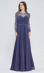 A-line Floor Length Applique Jeweled Pleated Back Zipper Belted Keyhole Beaded Illusion Long Sleeves Fall Chiffon Jeweled Neck Sweetheart Natural Waistline Dress