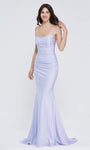 Sexy Sleeveless Spaghetti Strap Bandeau Neck Scoop Neck Back Zipper Ruched Fitted Lace-Up Mermaid Satin Natural Waistline Dress with a Brush/Sweep Train