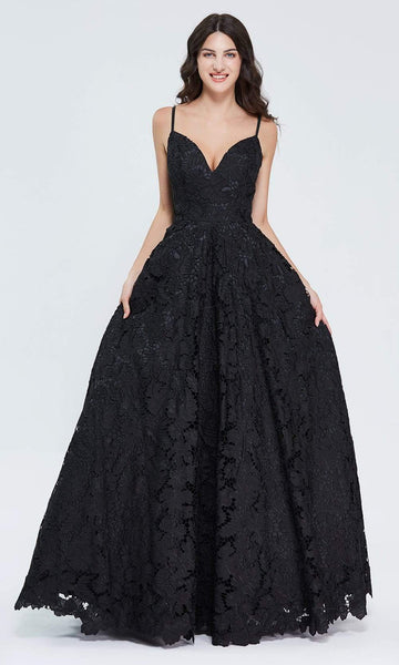 A-line V-neck Flowy Embroidered Lace-Up Back Zipper Floor Length Lace Sleeveless Spaghetti Strap Natural Waistline Dress