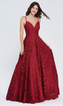 A-line V-neck Lace-Up Back Zipper Embroidered Flowy Lace Sleeveless Spaghetti Strap Floor Length Natural Waistline Dress