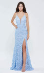 Sophisticated V-neck Lace-Up Beaded Applique Illusion Slit Spaghetti Strap Lace Mermaid Floral Print Plunging Neck Corset Natural Waistline Dress with a Brush/Sweep Train