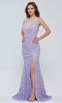 Sophisticated V-neck Lace-Up Illusion Slit Beaded Applique Plunging Neck Floral Print Mermaid Corset Natural Waistline Lace Spaghetti Strap Dress with a Brush/Sweep Train