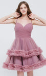 A-line Sleeveless Spaghetti Strap Sweetheart Tulle Short Natural Waistline Back Zipper Pleated Tiered Dress With Ruffles