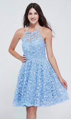 Floral Halter Neck Homecoming Blue Dress