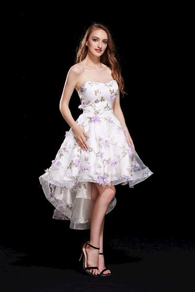 A-line Strapless Embroidered Applique High-Low-Hem Floral Print Natural Waistline Tulle Sweetheart Dress