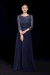 A-line Floor Length Natural Waistline Illusion Banding Back Zipper Pleated Sheer V Back Beaded Scoop Neck 3/4 Sleeves Evening Dress