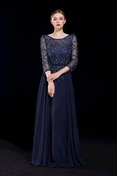 A-line Scoop Neck Floor Length Natural Waistline Beaded Illusion Sheer Pleated V Back Back Zipper Banding 3/4 Sleeves Evening Dress