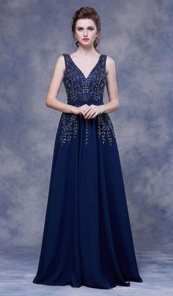 A-line V-neck Chiffon Natural Waistline Pleated Back Zipper Banding Beaded Applique V Back Fitted Floor Length Sleeveless Evening Dress