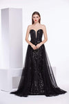 Sophisticated A-line Strapless Floor Length Flared-Skirt Plunging Neck Sweetheart Back Zipper Open-Back Sequined Banding Sheer Pleated Satin Natural Waistline Sheath Sheath Dress/Evening Dress with a 