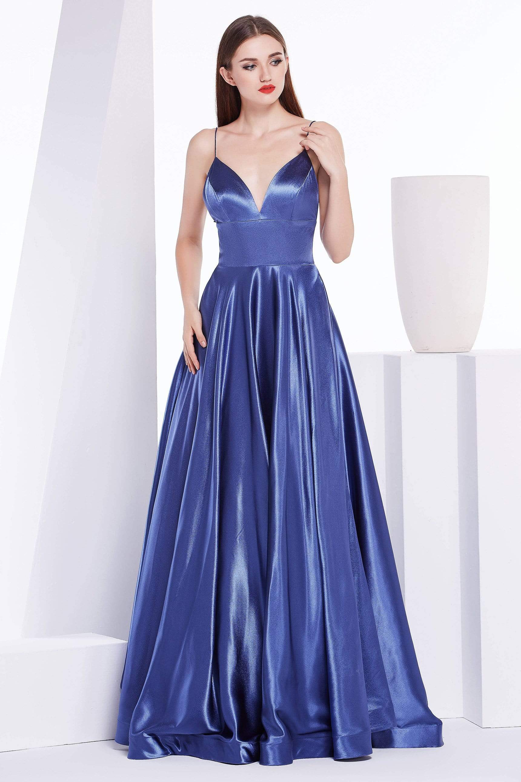 J'Adore Dresses - J14038 Deep V-neck Silky Satin A-line Dress
