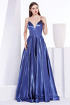 A-line V-neck Back Zipper Fitted Open-Back Pocketed Floor Length Satin Empire Waistline Sleeveless Spaghetti Strap Plunging Neck Evening Dress with a Brush/Sweep Train