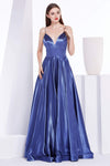 A-line V-neck Floor Length Empire Waistline Sleeveless Spaghetti Strap Plunging Neck Satin Open-Back Back Zipper Pocketed Fitted Evening Dress with a Brush/Sweep Train