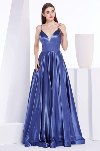 A-line V-neck Pocketed Back Zipper Open-Back Fitted Empire Waistline Floor Length Plunging Neck Sleeveless Spaghetti Strap Satin Evening Dress with a Brush/Sweep Train