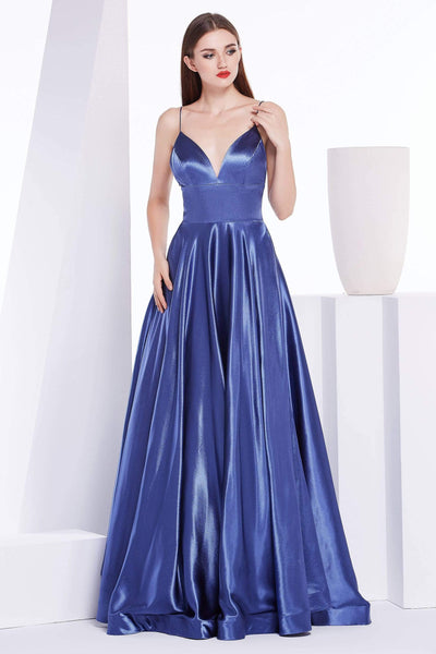 A-line V-neck Floor Length Plunging Neck Empire Waistline Satin Sleeveless Spaghetti Strap Back Zipper Fitted Open-Back Pocketed Evening Dress with a Brush/Sweep Train