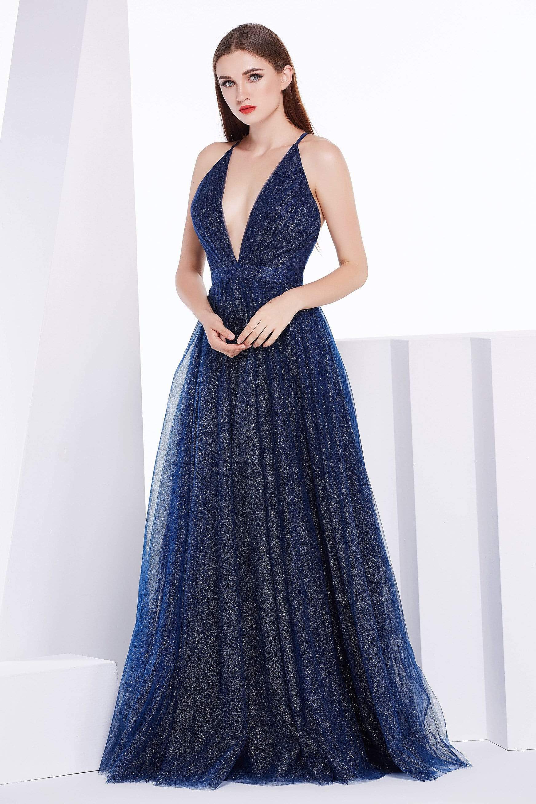 J'Adore Dresses - J14041 Deep V-neck Sparkle Tulle A-line Dress
