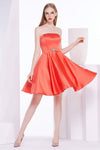 A-line Strapless Straight Neck Short Natural Waistline Satin Pocketed Belted Back Zipper Fitted Dress