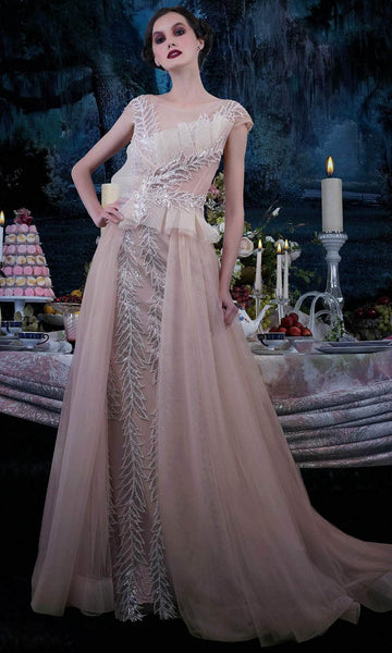 A-line V-neck Illusion Applique Back Zipper Fitted Open-Back Sequined Sheer Peplum Cap Sleeves Natural Waistline Dress with a Court Train With Ruffles