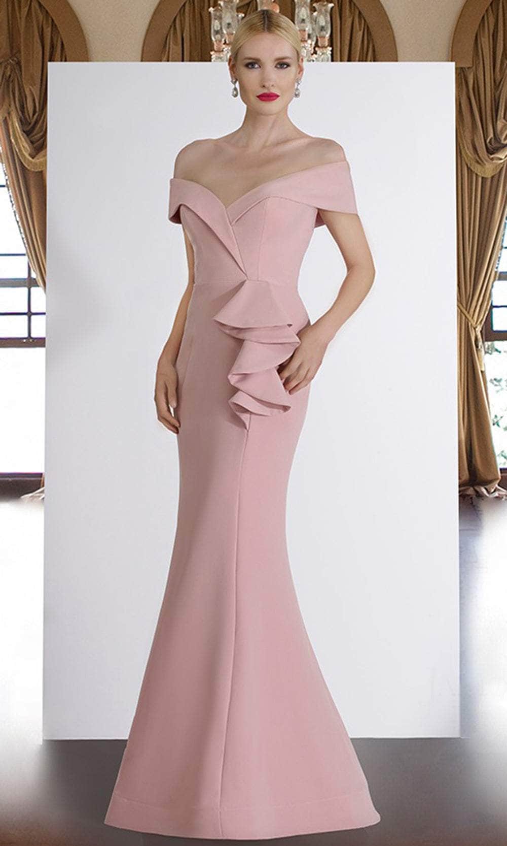 Janique - 1936 Off Shoulder Ruffled Accent Mermaid Gown in Blush
