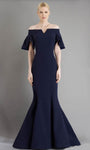 Back Zipper Open-Back Crepe Elbow Length Sleeves Off the Shoulder Notched Collar Natural Waistline Mermaid Evening Dress with a Brush/Sweep Train With Ruffles