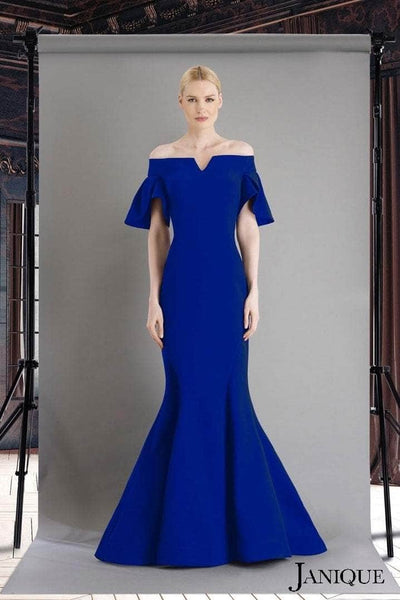 Crepe Natural Waistline Notched Collar Back Zipper Open-Back Mermaid Elbow Length Sleeves Off the Shoulder Evening Dress with a Brush/Sweep Train With Ruffles