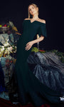 Mermaid Crepe Notched Collar Elbow Length Sleeves Off the Shoulder Natural Waistline Back Zipper Open-Back Evening Dress with a Brush/Sweep Train With Ruffles