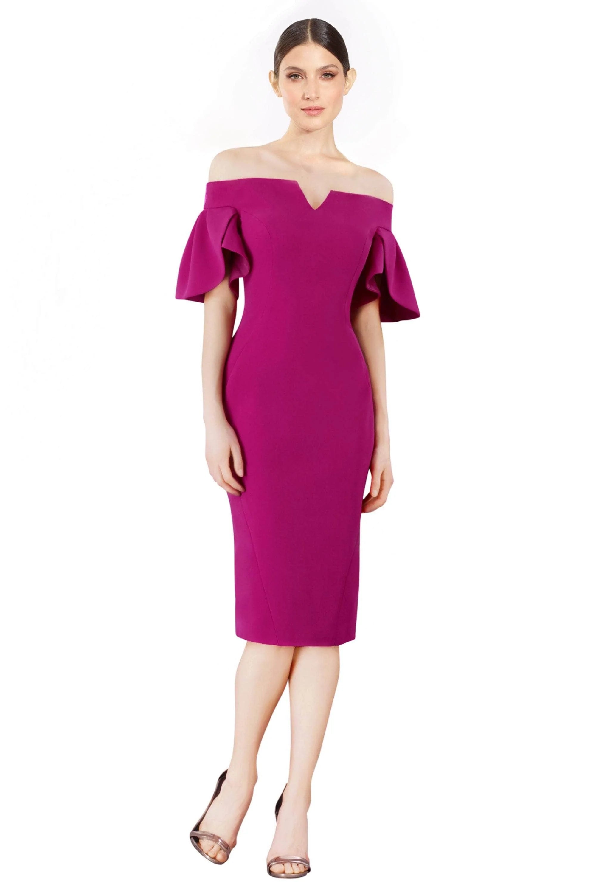 Sheath Above the Knee Slit Fitted Natural Waistline Crepe Bell Sleeves Off the Shoulder Sheath Dress