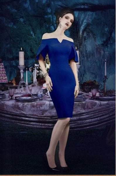 Natural Waistline Crepe Sheath Above the Knee Slit Fitted Bell Sleeves Off the Shoulder Sheath Dress