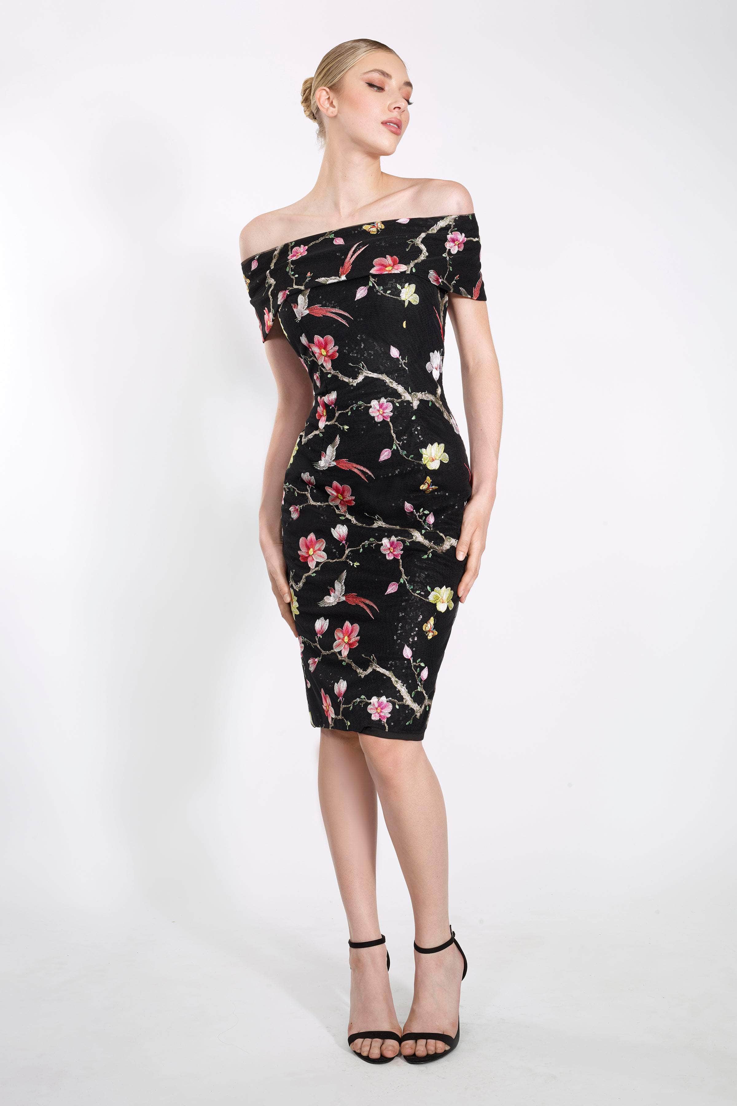 Janique - 2044 Floral Embroidered Off-Shoulder Dress
