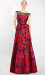 A-line Cap Sleeves Floor Length Floral Print Natural Waistline Illusion Bateau Neck Sweetheart Evening Dress With a Bow(s)