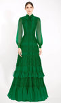 A-line High-Neck Lace Sheer Tiered Natural Waistline Bishop Sleeves Floor Length Prom Dress With a Bow(s) and Ruffles