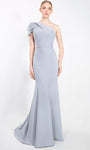 Belted Ruched Asymmetric Draped Wrap Cap Puff Sleeves Sleeves One Shoulder Natural Waistline Mermaid Evening Dress with a Brush/Sweep Train