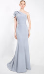 Asymmetric Belted Ruched Wrap Draped Natural Waistline Mermaid Cap Puff Sleeves Sleeves One Shoulder Evening Dress with a Brush/Sweep Train