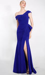 Mermaid Cap Sleeves Off the Shoulder Natural Waistline Wrap Asymmetric Open-Back Slit Prom Dress with a Brush/Sweep Train