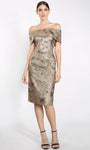 Tall Metallic Sheath Natural Waistline Cocktail Above the Knee Short Sleeves Sleeves Off the Shoulder Sheath Dress