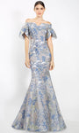 Mermaid Floral Print Flutter Sleeves Off the Shoulder Gathered Natural Waistline Evening Dress with a Brush/Sweep Train