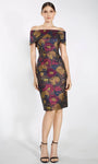 Short Sleeves Sleeves Off the Shoulder Slit Fitted Open-Back Sheath Cocktail Above the Knee Natural Waistline Floral Print Sheath Dress