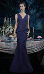 Tall V-neck Sleeveless Natural Waistline Metallic Jacquard Peplum Wrap Pleated Mermaid Dress with a Brush/Sweep Train