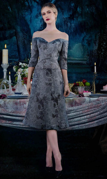 A-line Fitted Jacquard Open-Back Wrap Tea Length Natural Waistline Sweetheart 3/4 Sleeves Off the Shoulder Evening Dress