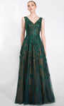 Modest A-line V-neck Sleeveless Floor Length Back Zipper Sequined Embroidered Sheer Natural Waistline Evening Dress