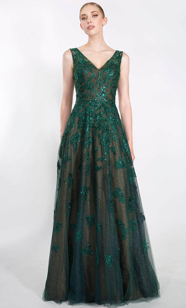 Modest A-line V-neck Sleeveless Floor Length Natural Waistline Sequined Back Zipper Embroidered Sheer Evening Dress