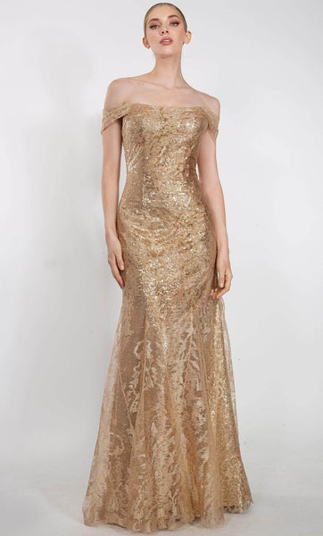 Floor Length Straight Neck Cap Sleeves Off the Shoulder Mermaid Natural Waistline Sequined V Back Jacquard Back Zipper Evening Dress with a Brush/Sweep Train