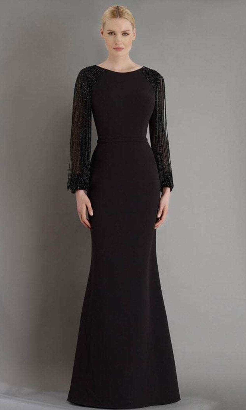 Janique - BSH-001 Bead-Draped Long Sleeve Sheath Gown In Black
