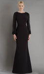 Long Sleeves Crepe Sheath Natural Waistline Back Zipper Sheer Draped Beaded Floor Length Bateau Neck Jeweled Neck Sheath Dress with a Brush/Sweep Train