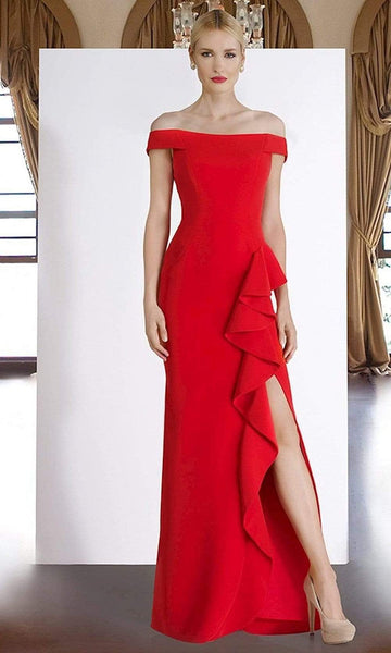 Fitted Back Zipper Slit Open-Back Natural Waistline Sheath Off the Shoulder Floor Length Sheath Dress/Evening Dress With Ruffles