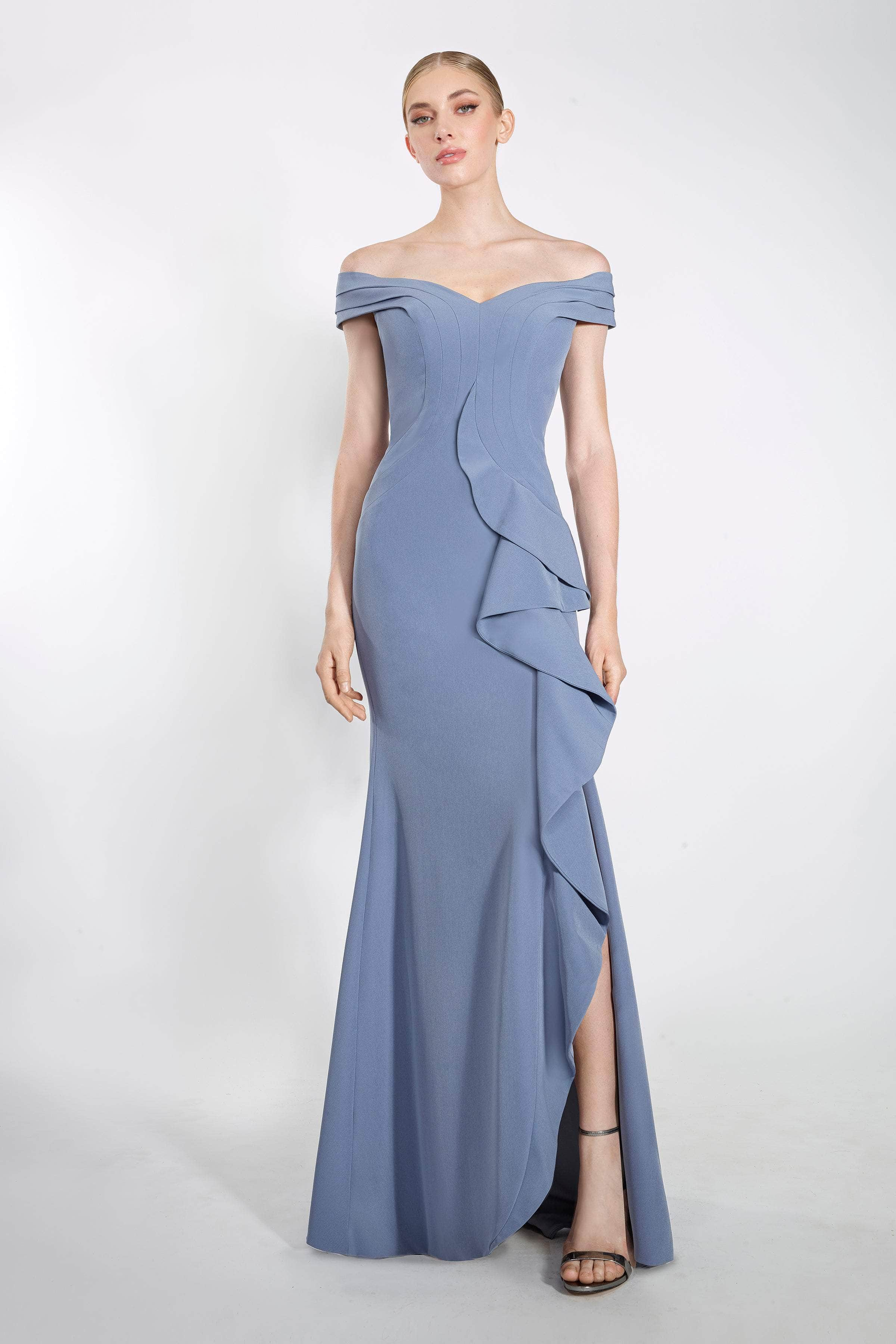 Janique - K6876 Off Shoulder Ruffle Slit Trumpet Gown
