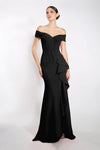 V-neck Pleated Draped Back Zipper Fitted Slit Crepe Natural Waistline Off the Shoulder Fit-and-Flare Mermaid Floor Length Evening Dress With Ruffles