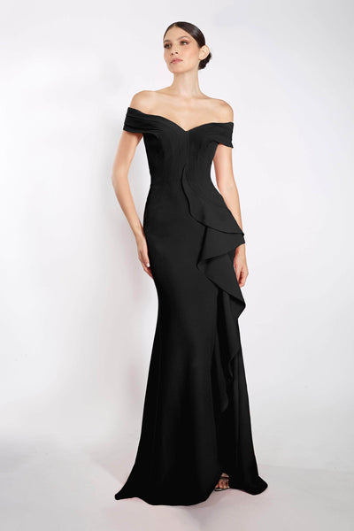 V-neck Back Zipper Slit Fitted Pleated Draped Crepe Floor Length Natural Waistline Fit-and-Flare Mermaid Off the Shoulder Evening Dress With Ruffles