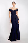 V-neck Fit-and-Flare Mermaid Off the Shoulder Crepe Floor Length Back Zipper Fitted Draped Slit Pleated Natural Waistline Evening Dress With Ruffles